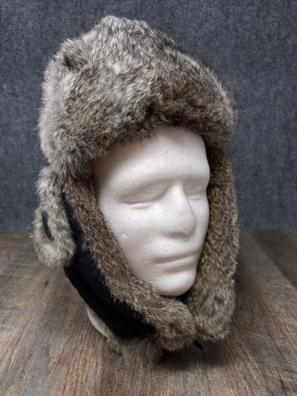 Mad Bomber Trapper Hat Adult Large Black Nylon Real Rabbit Fur Ear Flap Cap-warm